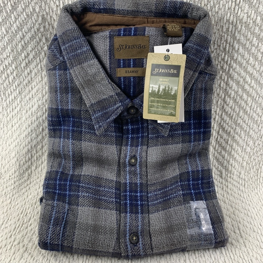 Vintage NWT St. Johns Bay Mens 4X Flannel Shirt Brawny Heavy Blue Gray Plaid